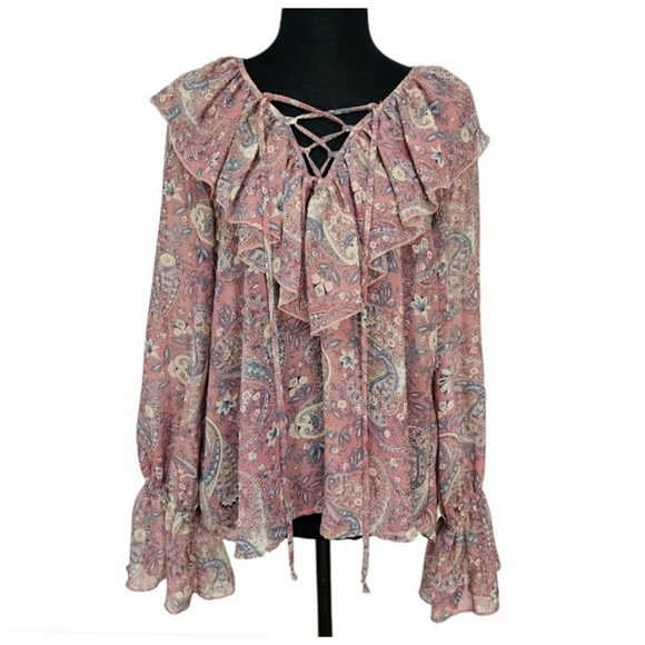 Show Me Your Mumu Boho Festival Top Sz Small Ruffle Paisley Print Peasant Pretty - Picture 1 of 14